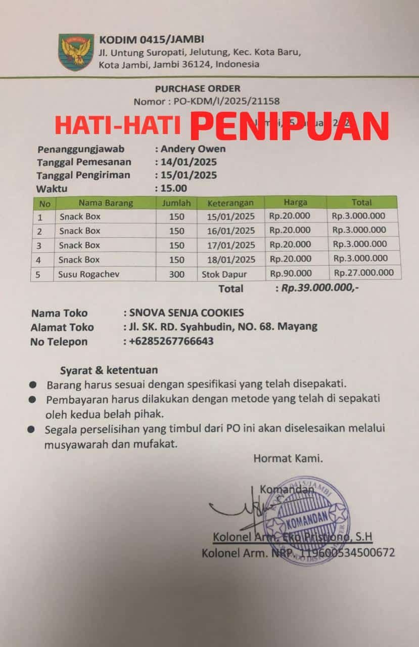 Masyarakat Diminta Waspada Penipuan Makanan Bergizi Mencatut Nama Kodim 0415/Jambi