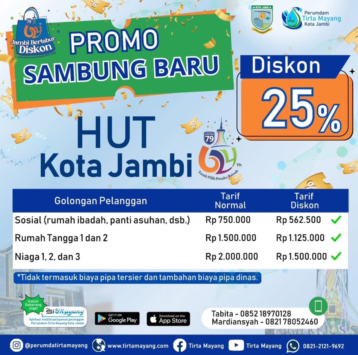 Rayakan HUT ke-79 Kota Jambi, Perumda Tirta Mayang Tawarkan Diskon 25% Pemasangan Baru Air Bersih