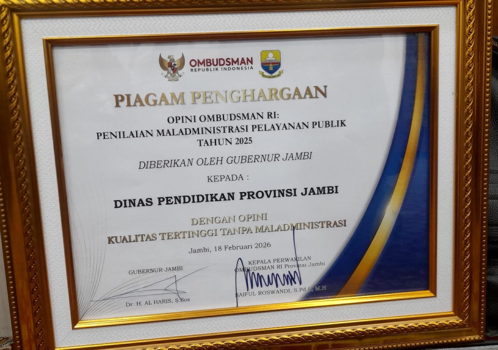 Pelayanan Publik Prima, Dinas Pendidikan Provinsi Jambi Raih Opini Kualitas Tertinggi dari Ombudsman RI