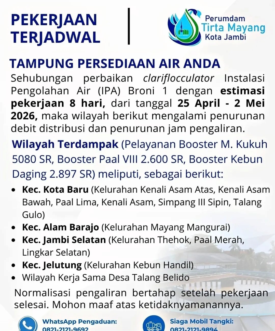 Infografis pengumuman perbaikan IPA Broni 1 Perumdam Tirta Mayang Kota Jambi April 2026.