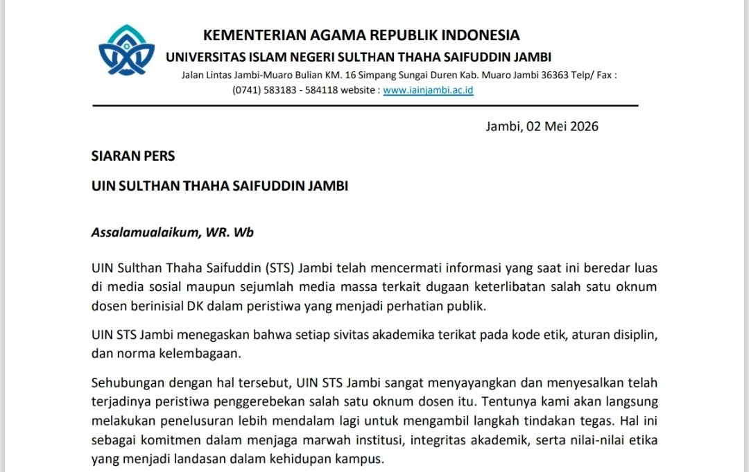 Dokumen siaran pers resmi UIN STS Jambi terkait penonaktifkan oknum dosen berinisial DK.