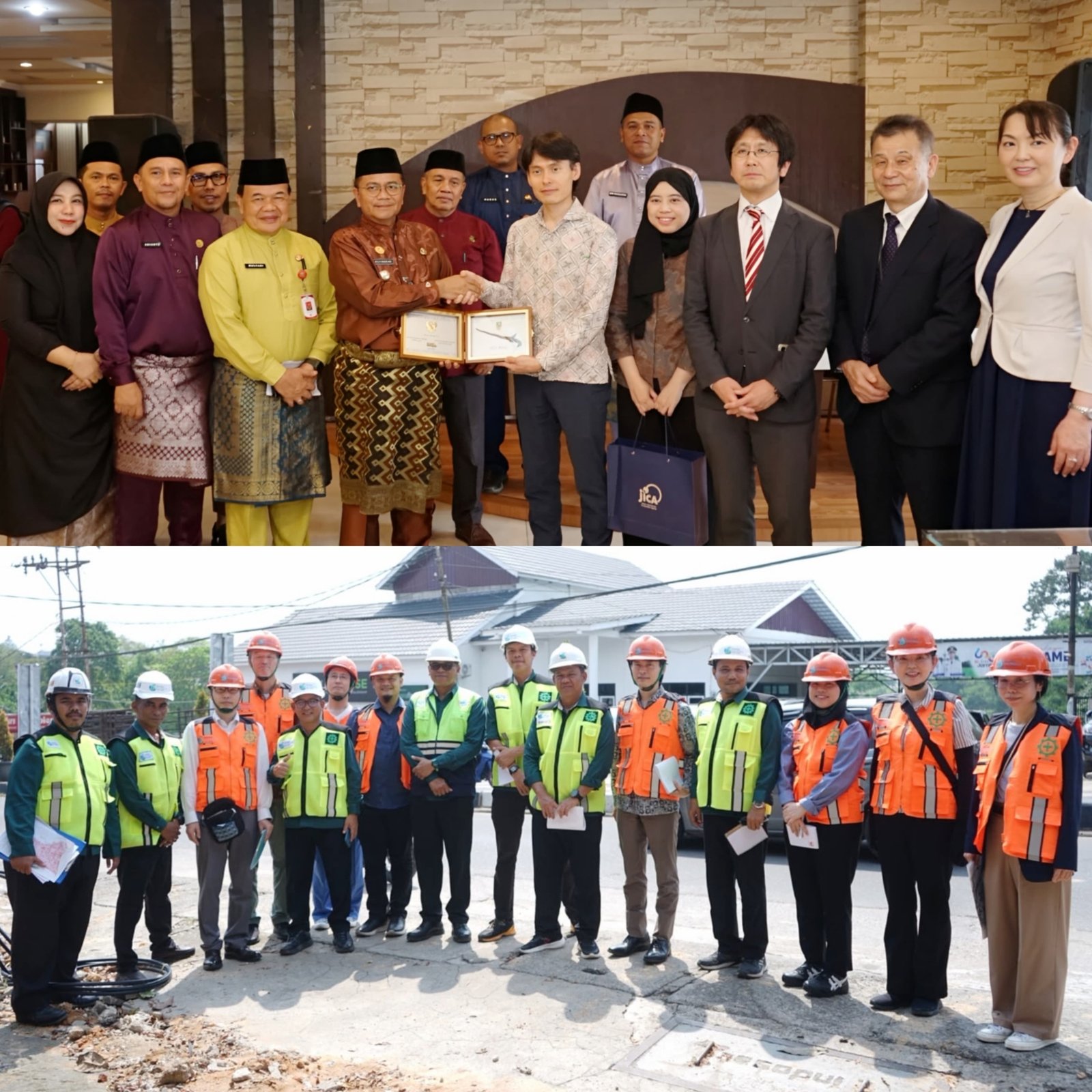 alt="Wali Kota Jambi Maulana bersama Dirut Tirta Mayang Arianto dan Wakil Direktur JICA Sato Akira saat meluncurkan program kemitraan JPP"