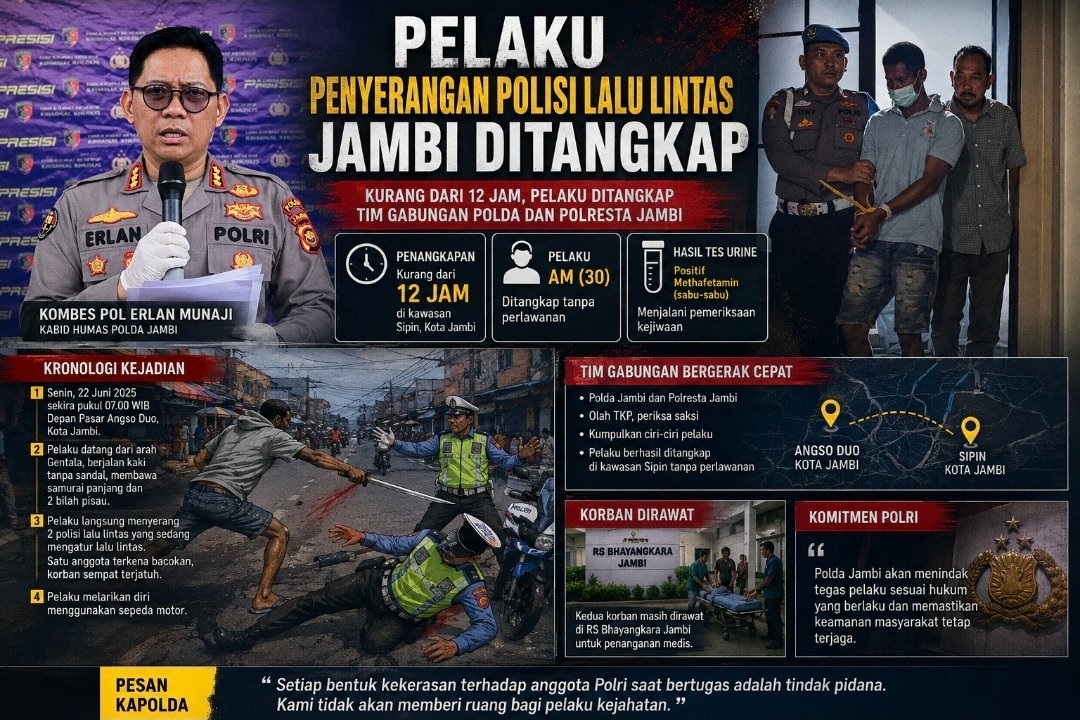 alt="Tim gabungan Reskrim Polda Jambi saat mengawal ketat pelaku AM yang mengenakan baju tahanan"