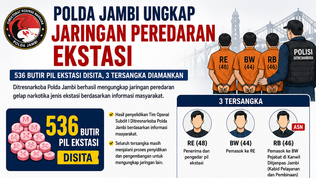 alt="Tiga tersangka jaringan pengedar narkoba termasuk oknum pejabat Ditjenpas Jambi mengenakan baju tahanan dikawal polisi"
