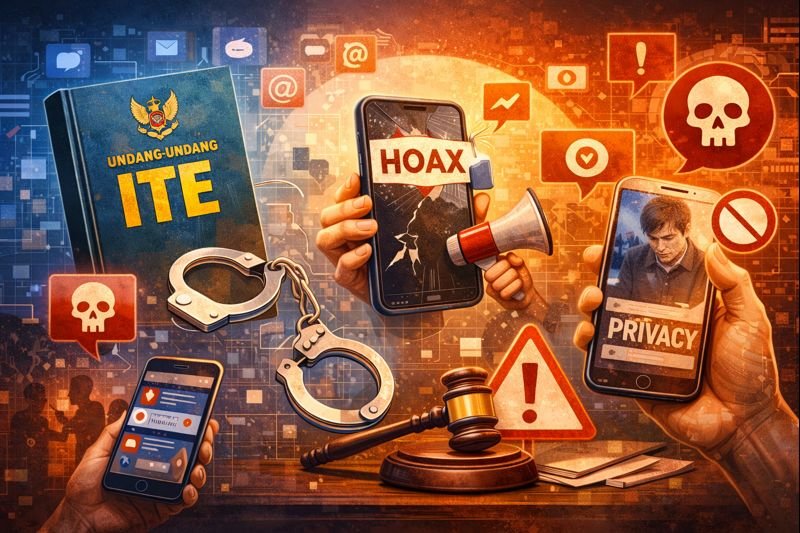 alt="Ilustrasi layar gawai menampilkan aplikasi Tiktok dan simbol palu sidang hukum perdata siber"