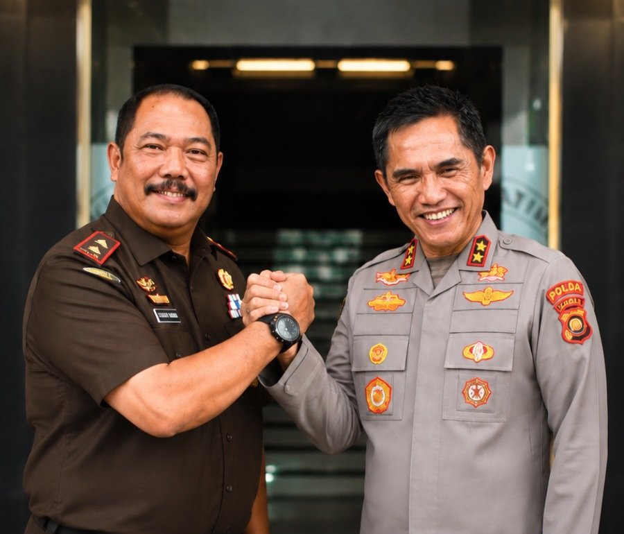 alt="Kajati Jambi Sugeng Hariadi berjabat tangan dengan Kapolda Jambi Irjen Pol Krisno H Siregar di depan kantor Kejati"
