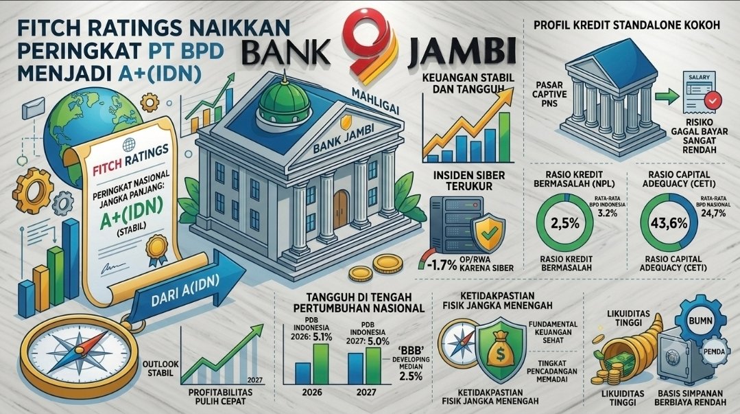alt="Grafik infografis kenaikan peringkat PT Bank Pembangunan Daerah Jambi dari A menjadi A plus dengan outlook stabil oleh Fitch"