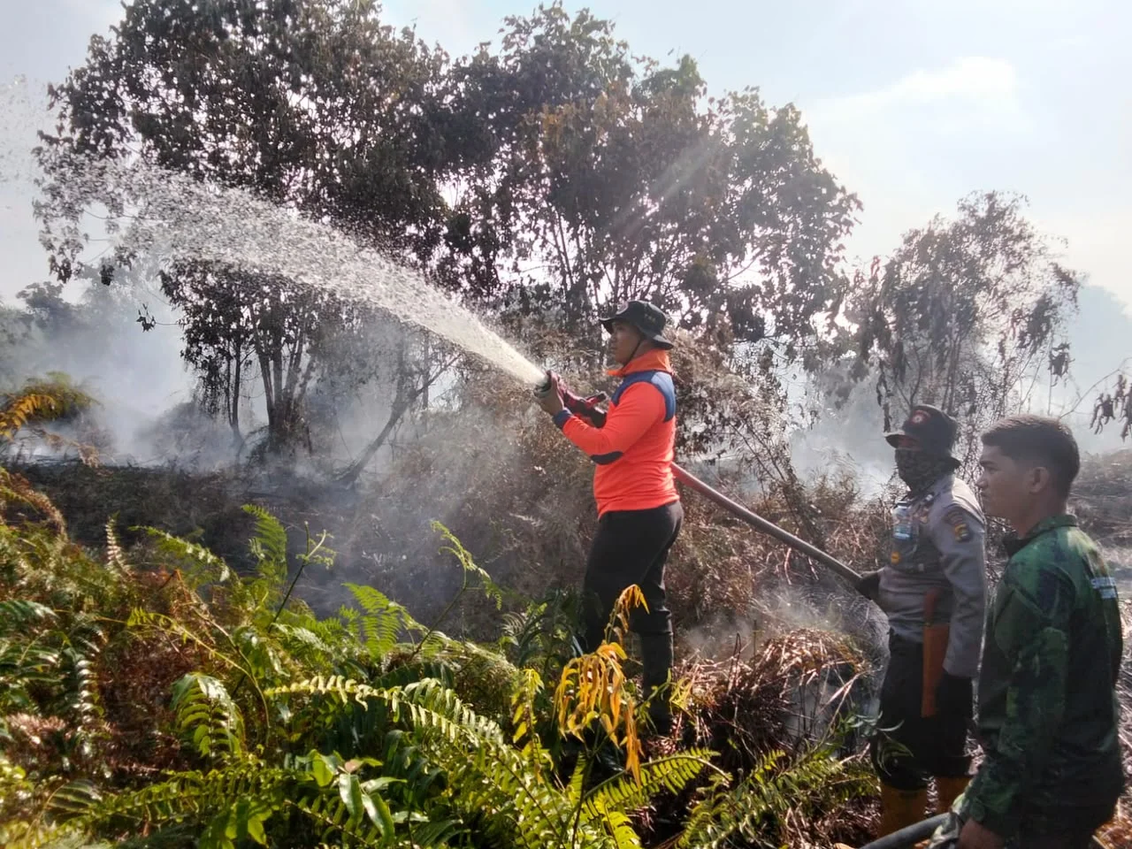 alt="Petugas Satgas Karhutla Jambi menyemprotkan air untuk pendinginan lahan terbakar"