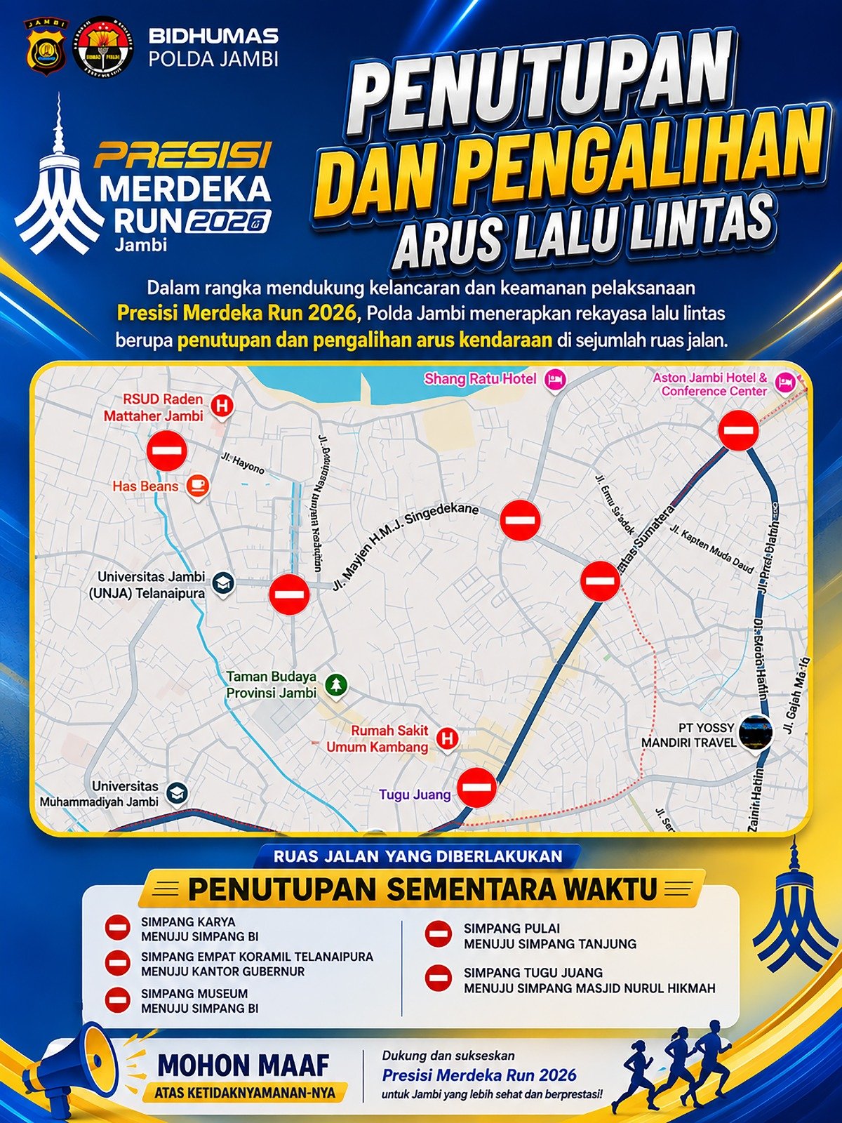 alt="Peta pengalihan arus lalu lintas di kawasan Kompleks Kantor Gubernur Jambi saat pelaksanaan Presisi Merdeka Run 2026"