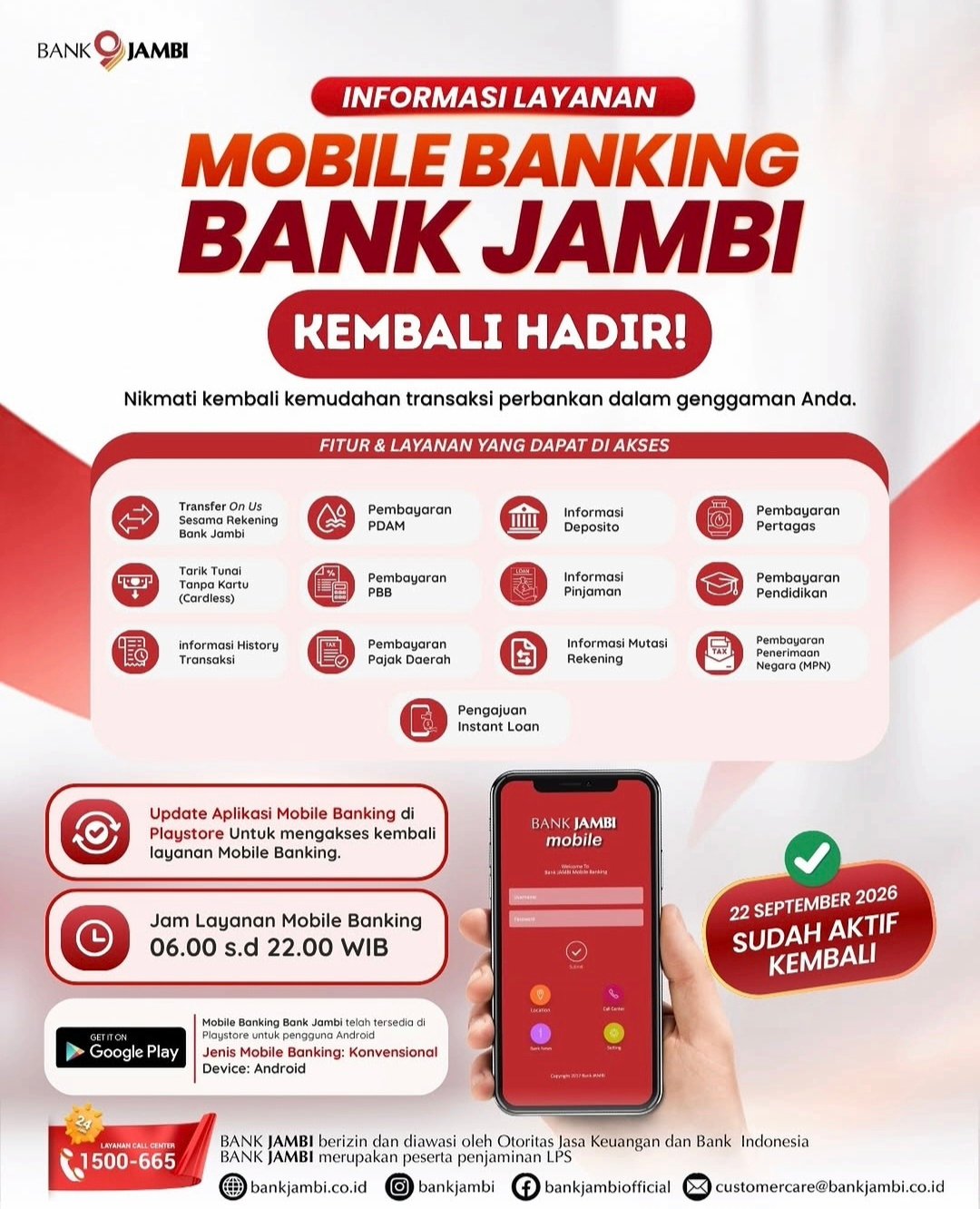 Mobile Banking Bank Jambi kembali aktif untuk pengguna Android versi konvensional