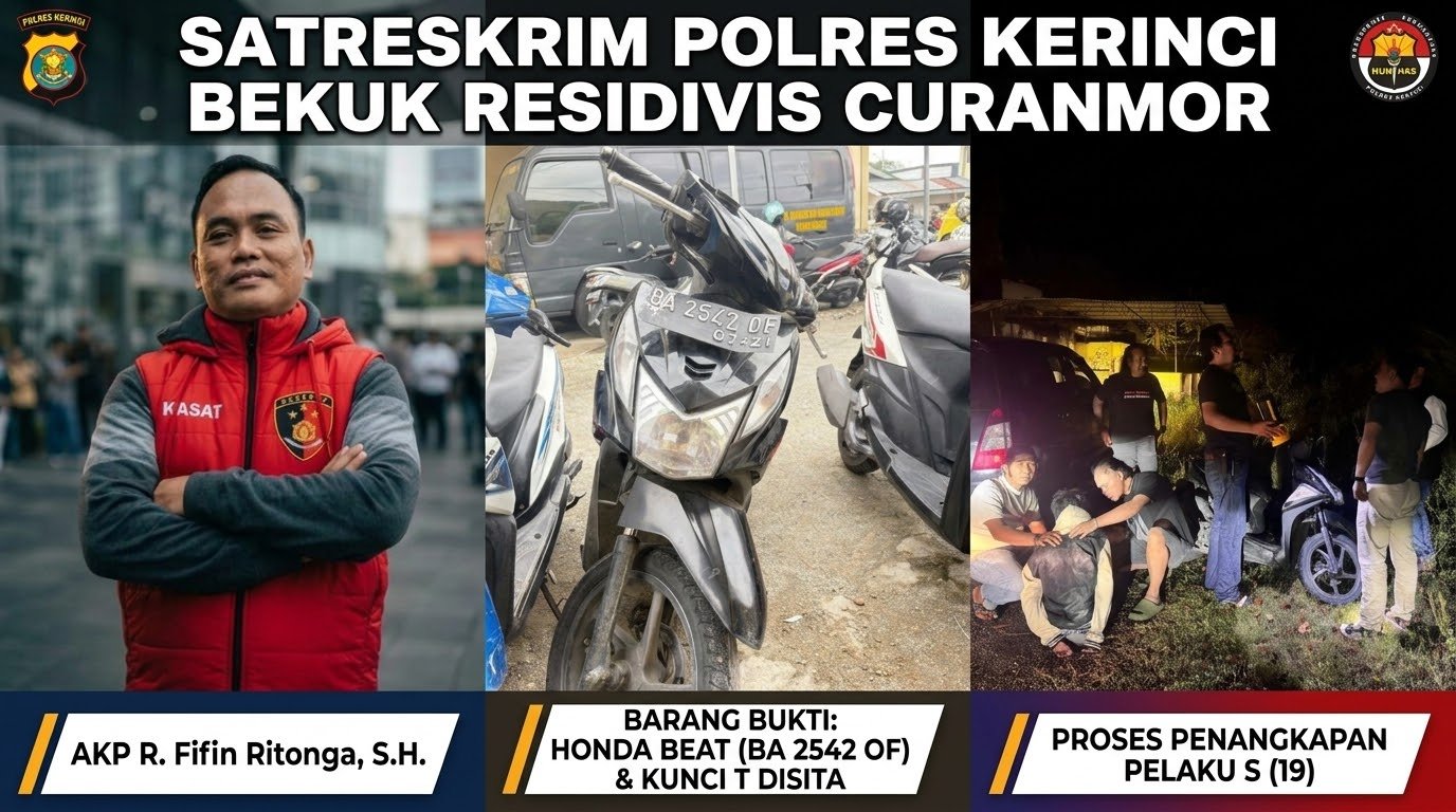 Tim Macan Kerinci Polres Kerinci mengamankan barang bukti sepeda motor Honda Beat dan kunci T dalam pengungkapan kasus curanmor di Sungai Penuh.